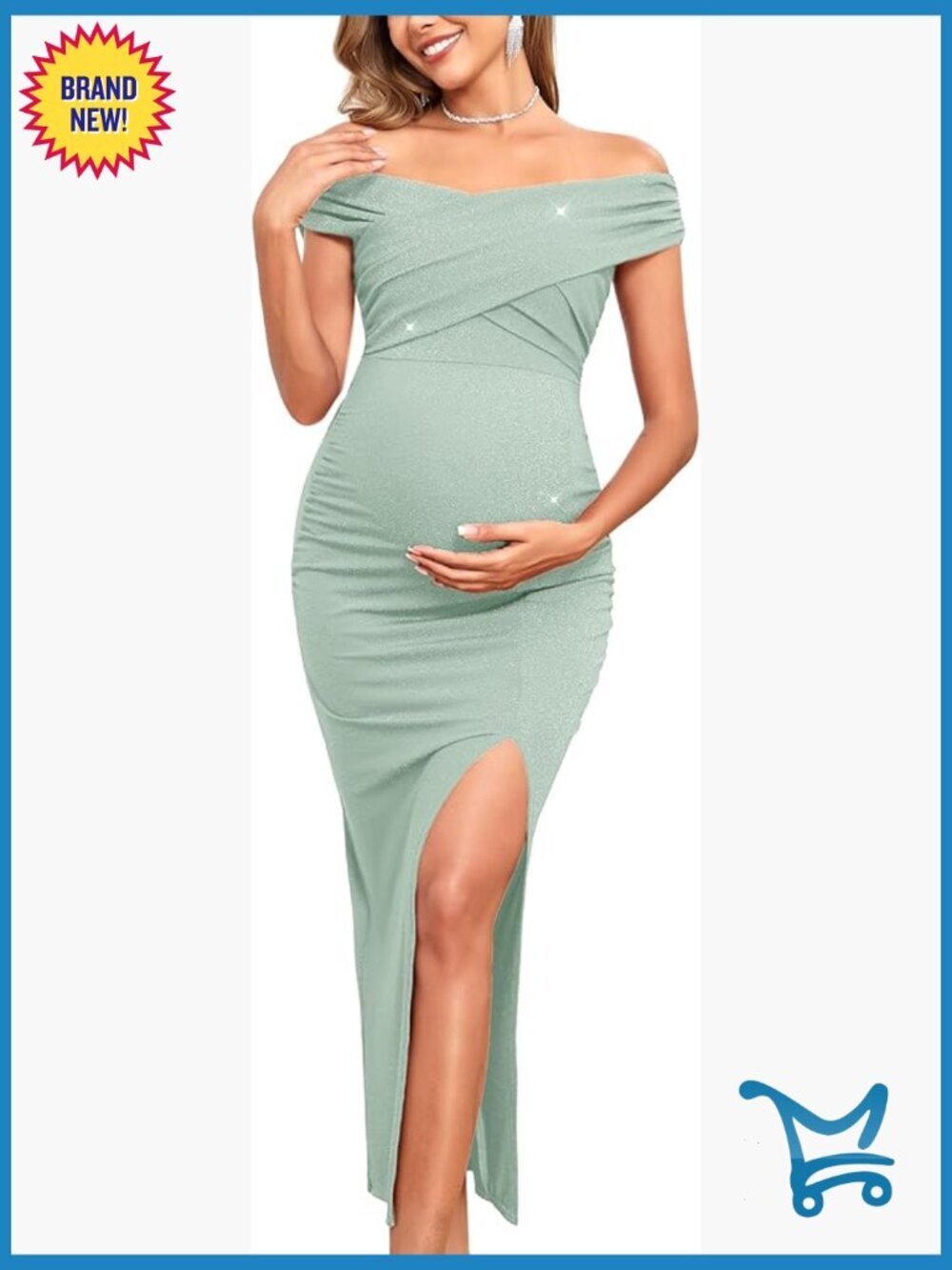 Off-Shoulder Sparkly Maternity Dress Bodycon Floor-Length Zipper Closure